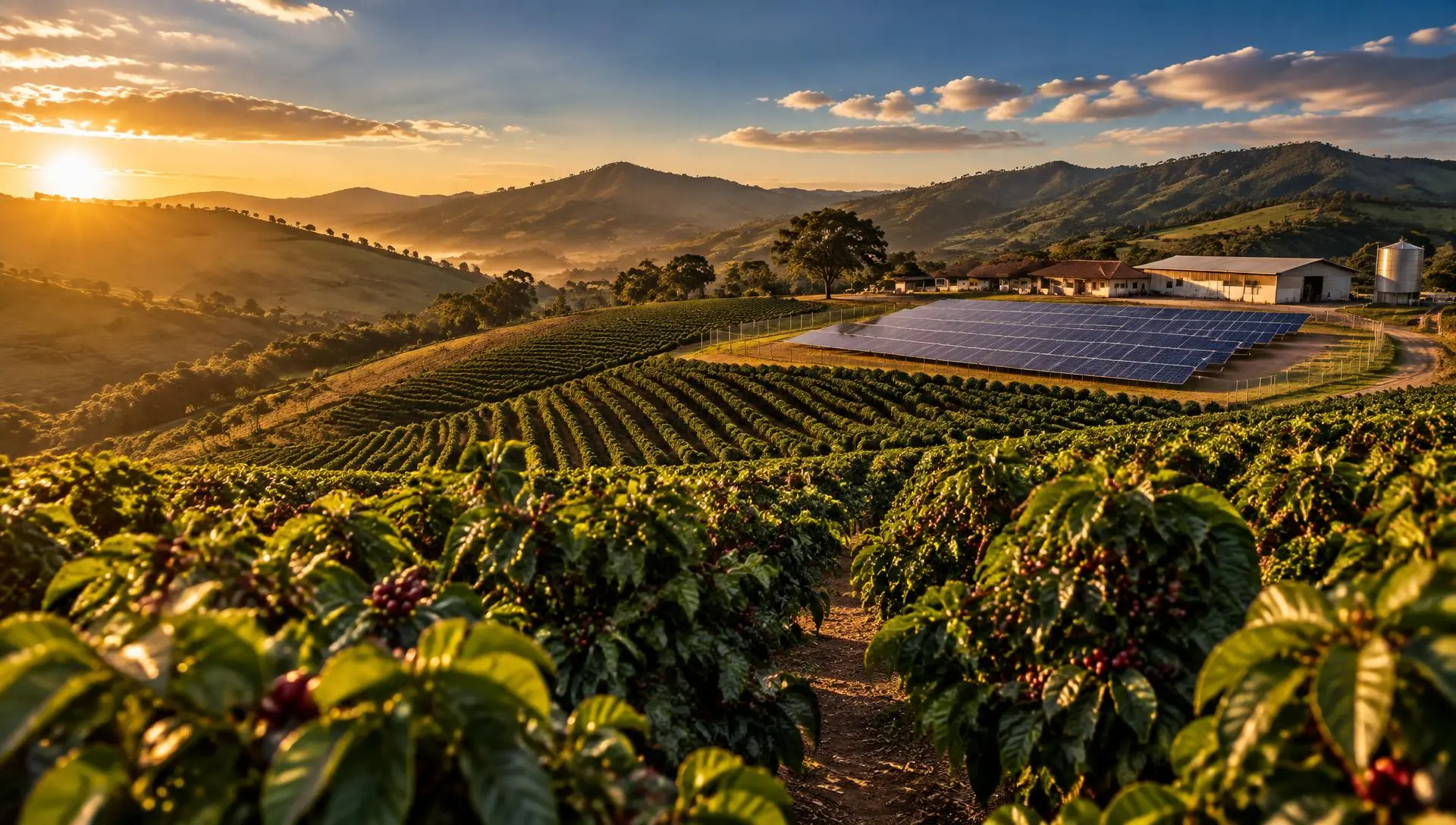 Propriedade rural com cafezal e sistema de energia solar ao entardecer